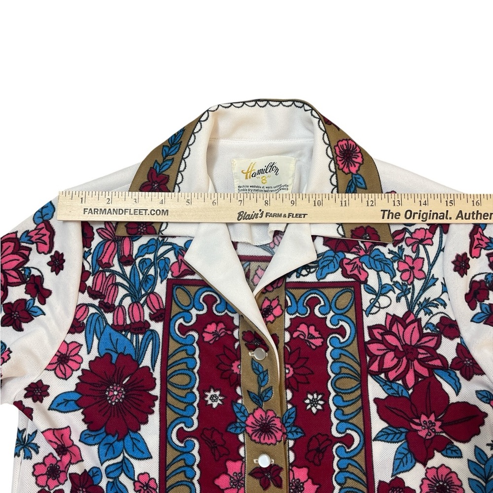 Vintage Hamilton 8 • 60s 70s Polyester Short Sleeve Floral Button Down Shirt - Picture 6 of 7